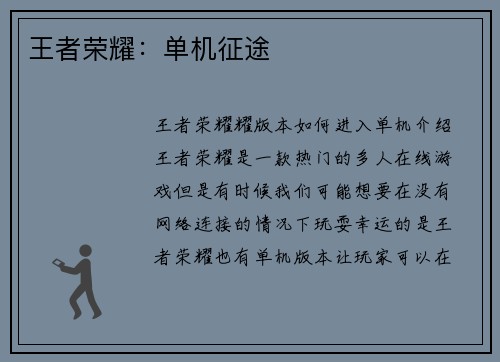 王者荣耀：单机征途